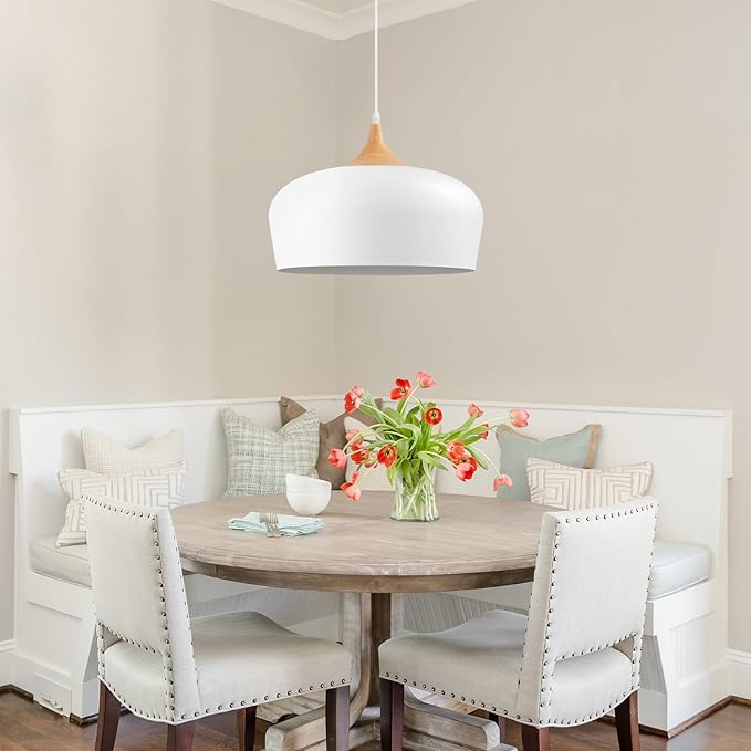Large 13.8 in Modern Wood Pendant Light Fixtures,Adjustable White Pendant Lighting Fixture,Dome Ceiling Hanging Lights for Kitchen Island, Dining Room