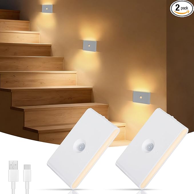 Motion Sensor Night Light, Rechargeable Battery Night Light, 3000K-6500K Magnetic/Stick-on Closet Lights, Dimmable Stair Lights for Bedroom Kitchen Hallway Stairs (2 Pack)