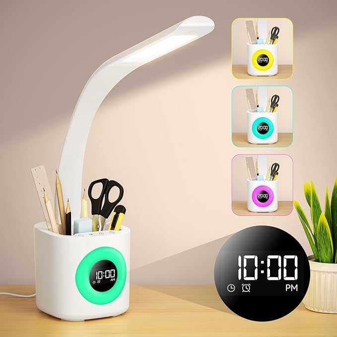 Hokone Desk Lamp for Kids, LED Desk Light for Home Office Dimmable USB Table Lamps with Clock Pen Holder Adjustable Desk Lamps with Color Night Lamp,Children's Christmas Gifts White