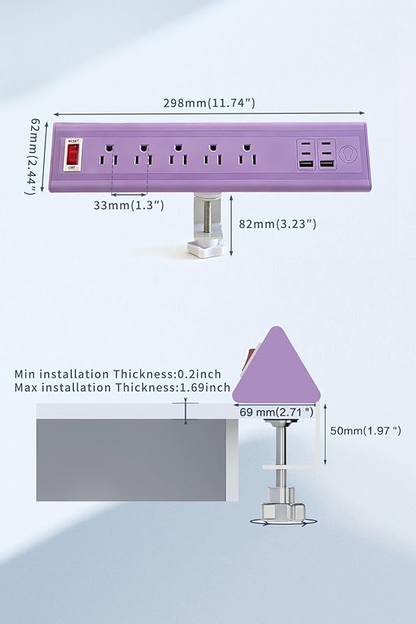 Desk Clamp Power Strip with Nightlight, 40W Fast Charging, 6FT Extension Cord, 4x20W USB-C & 2 USB Ports, 5 AC Outlets, Fits 1.69-Inch Table Edges