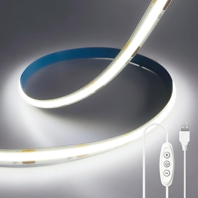 6.56FT2M COB LED Strip Lights, 6000K Cold White USB LED Tape Light, 640LEDs High Bright CRI93+ Dimmable Flexible Lights Light for Bedroom, TV Backlight, Mirror, Cabinet Lighting