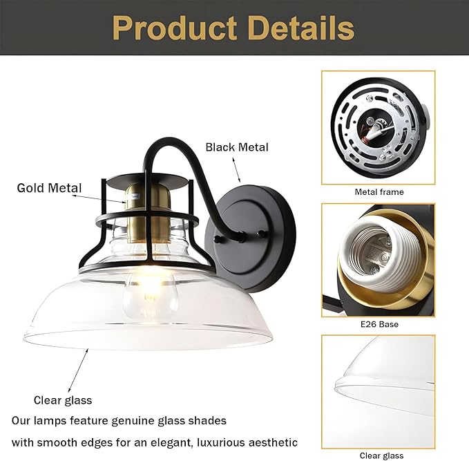 Gooseneck Barn Light Vintage Wall Lamp,Farmhouse Wall Sconces Indoor with Clear Glass Shade, Gold and Black Wall Sconce Over Kitchen Sink, for Bathroom Porch Kitchen Living Room Restaurant (2Pack)