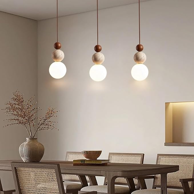Natural Stone & Wood Pendant Light Fixture | Spherical Milk Glass Hanging Lamp | Modern Organic Ceiling Light | Adjustable Bedside Suspension Light for Dining Room, Kitchen Island, Bedroom(Walnut)