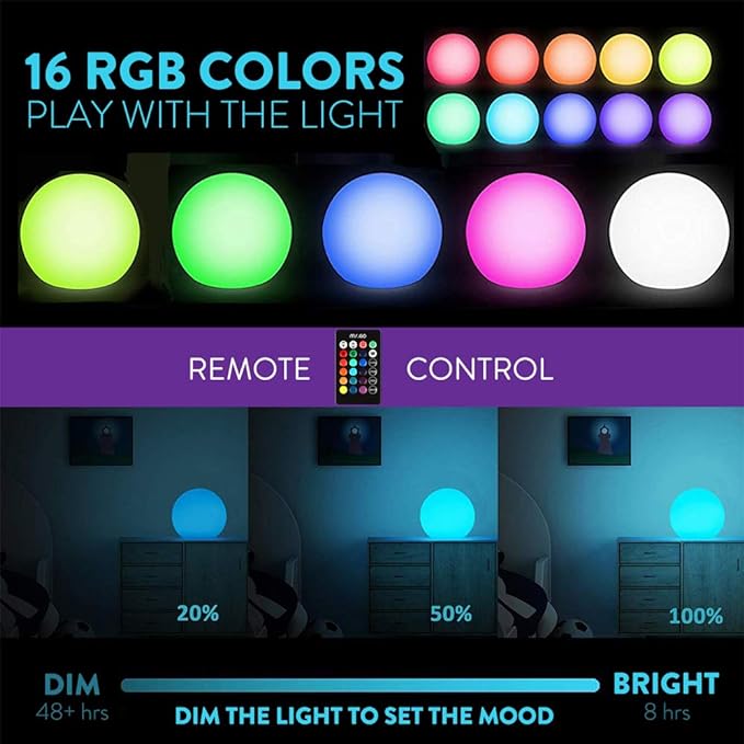 Mr.Go 6-inch RGB Color-Changing LED Globe Orb Light w/Remote, Mood Lamp Kids Night Light, 16 Dimmable Colors & 4 Modes, Battery & AC Adapter Power, Home Bedroom Patio Pool Decorative Lighting