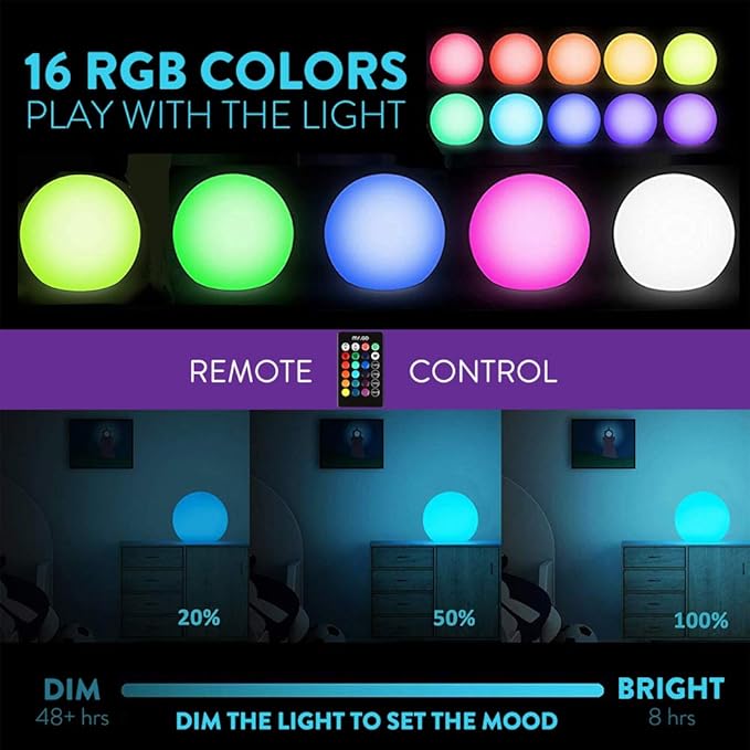 Mr.Go 12-inch Rechargeable LED Ball Light, RGB Color-Changing Globe Orb Lamp w/Remote, Home Kids Room Bedroom Bar Table Patio Pool Party Dimmable Sphere Nightlight Relax Mood Lighting Decoration