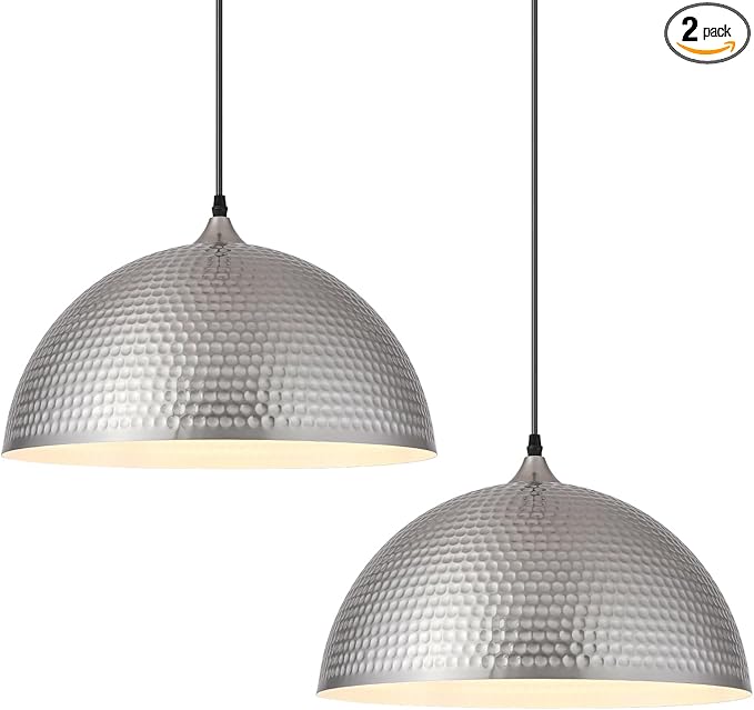 Brushed Nickel Pendant Light 16 inch, Hammered Large Dome Pendant Light, Industrial Farmhouse Pendant Lights Kitchen Island, Island Pendant Lights for Kitchen, Dining Room Living Room 2 Pack