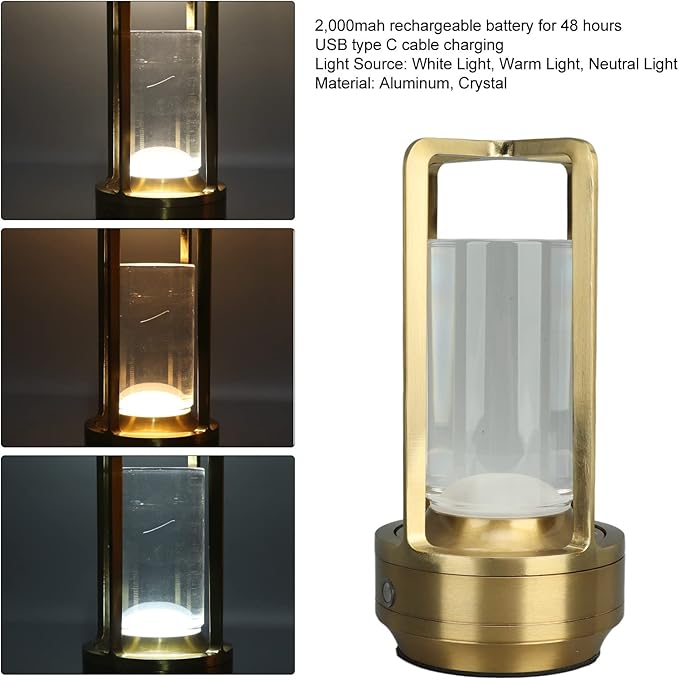 Jerys Cordless Table Lamp, Aluminum Crystal Portable LED Table Lamp Small Stepless Dimming Nightstand Lamp 3 Colors Sensor Control for Living Room, Rechargeable Battery Up to 48 Hours Usage (Gold)