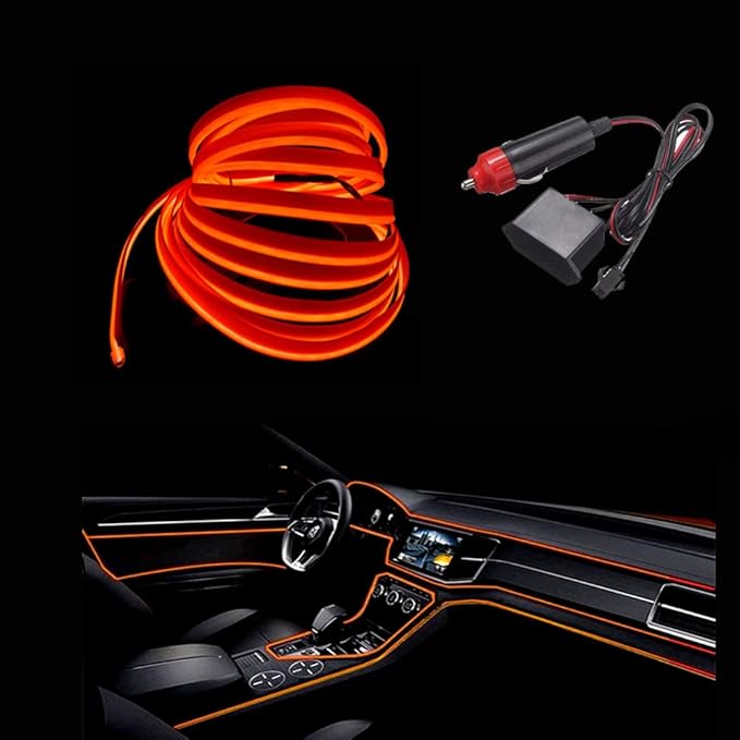 MaxLax El Wire Orange Interior Car LED Strip Lights, 10m neon Wire 12V with Fuse Protection for Automotive Car Interior Decoration with 6mm Sewing Edge