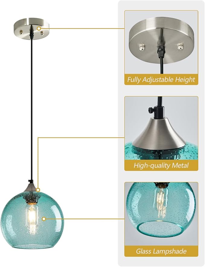 Light Blue Glass Pendant Lights Kitchen Island Lighting Globe Pendant Light Fixtures Modern Pendant Lighting for Bedroom Living Dining Room Light Fixture (7.87 in, 3 Pack)