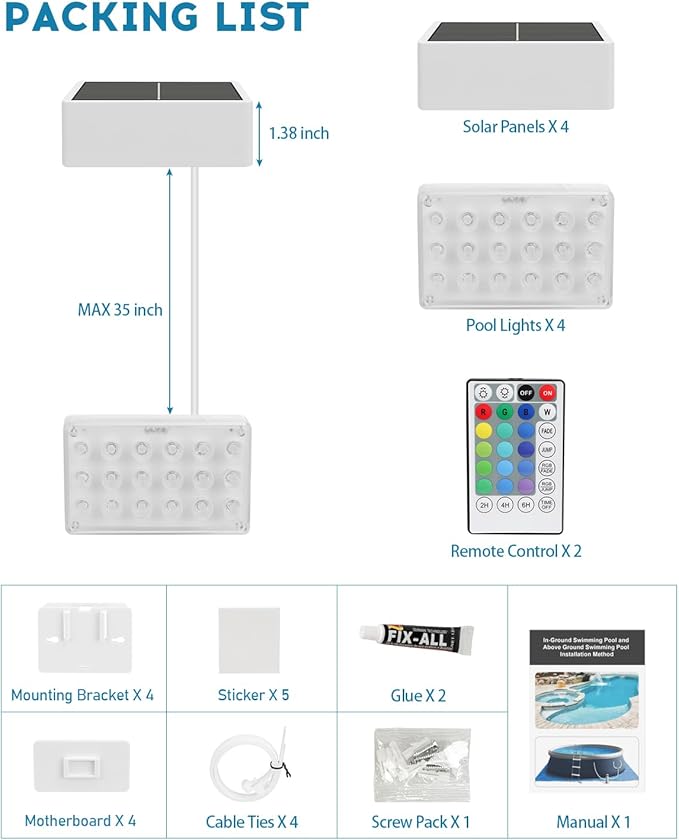 Vangue Solar Pool Lights, Solar Powered LED with IP68 Waterproof, 16 Colors, 7 Brightness Levels, and Timer for Swimming, Inground and Above Ground