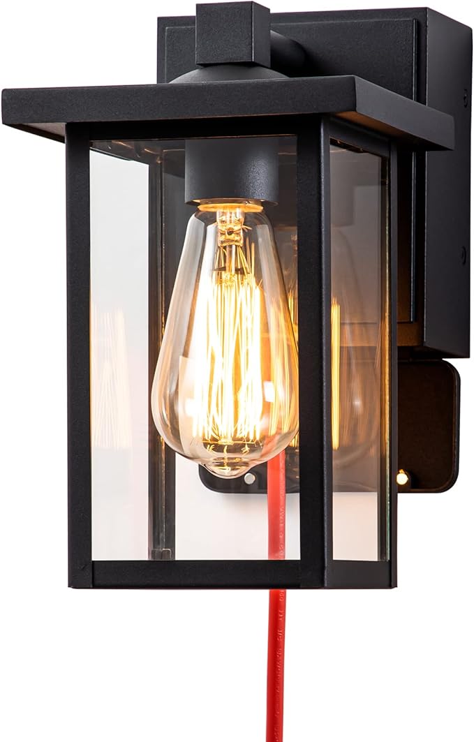 Porch Lights with GFCI Outlet, Black Outdoor Light Wall Mount, Waterproof Exterior Light Fixture with Outlet, Wall Sconce for House, Garage, Patio