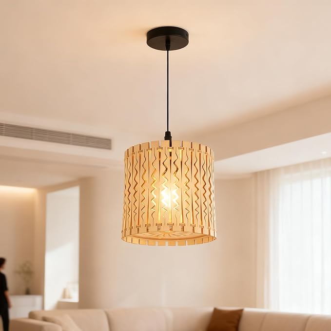 Farmhouse Natural Wood Drum Pendant Light, 1-Light Rural Ceiling Hanging Lamp Lighting Fixture with 7" Lampshade, Boho Chandelier for Kitchen Island Hallway Dining Room