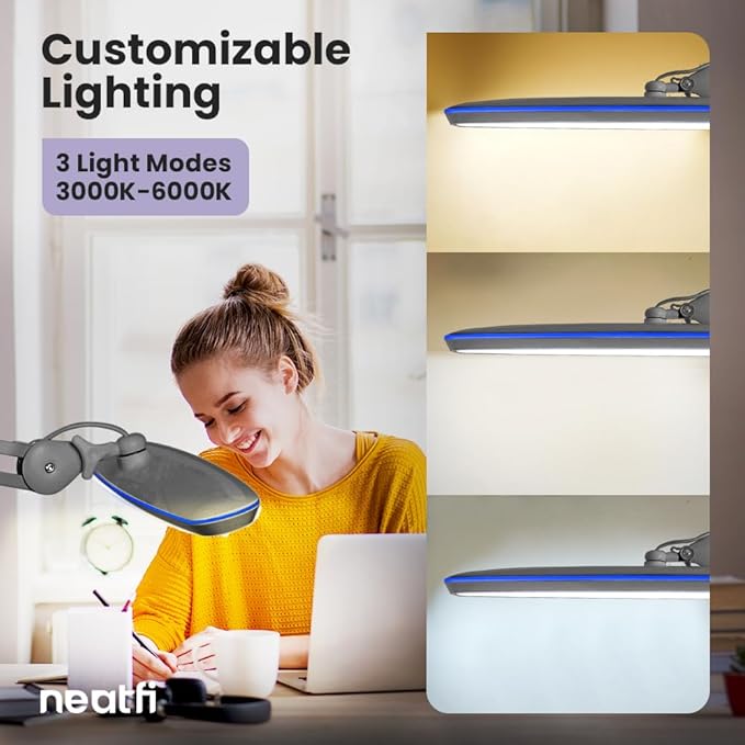 Neatfi XL 2,200 Lumens LED Task Lamp, 20W, 182 SMD LEDs, 23-Inch Ultra-Wide, 4 Brightness Levels, 3 Light Modes, Dimmable, Eye-Caring, Glare-Free (CCT with Clamp, Silver)