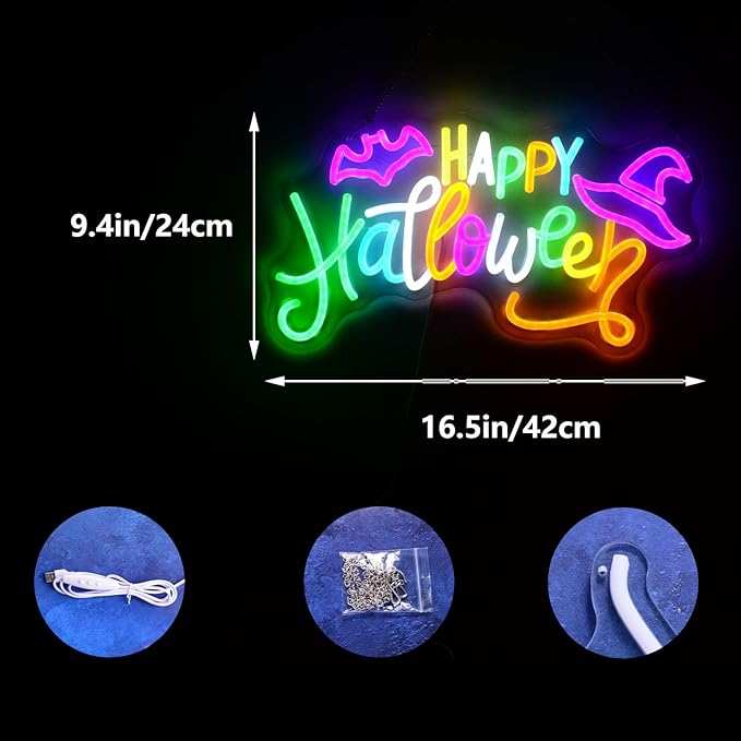 Happy Halloween Neon Sign Colorful LED Wall Decor with Bats & Witch Hat Design Neon Lights for Spooky Party, Home, Bar, or Window Decoration - Halloween Glow Light for October 31