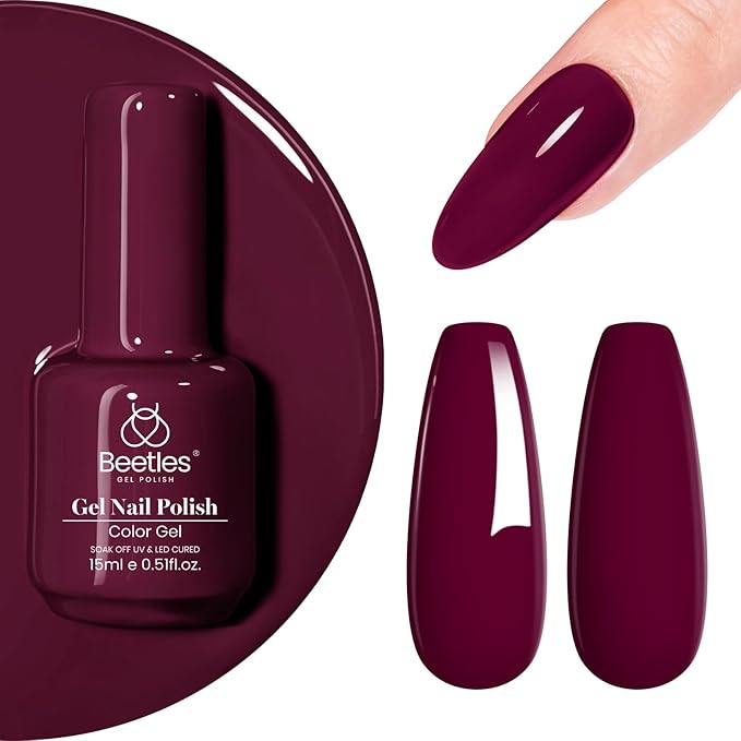 Beetles Dark Red Gel Polish - Mellow Plum 15ML/0.51Fl Oz, Cherry Wine Burgundy Red Gel Nail Polish, Soak Off UV LED Lamp Burgundy Wine Nails Art, Long-Lasting Manicure Salon DIY Home Gifts for Woman