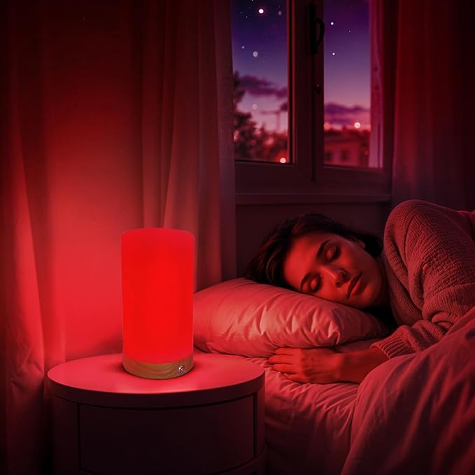Revive - Red Light Lamp: Red Light for Sleep 660nm Melatonin Promoting Natural Sleep Aid, Bedroom & Nursery Nightlight (Milk Shade and Wood Base)