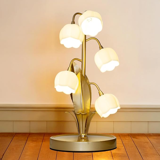 Flower Table Lamp, Lily of The Valley Lamp for Bedside Accent 3 Color Modes Cottagecore Soft Reading Night Light for Bedroom, Corner, Dorm, Entrance Home Vintage Decor (Gold)