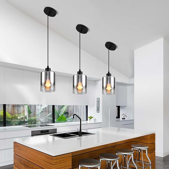 3-Pack Silver Gradient Industrial Pendant Lighting, Modern Black Glass Shade Farmhouse Adjustable Hanging Light Fixtures for Kitchen Island Living Room Bedroom Hallway