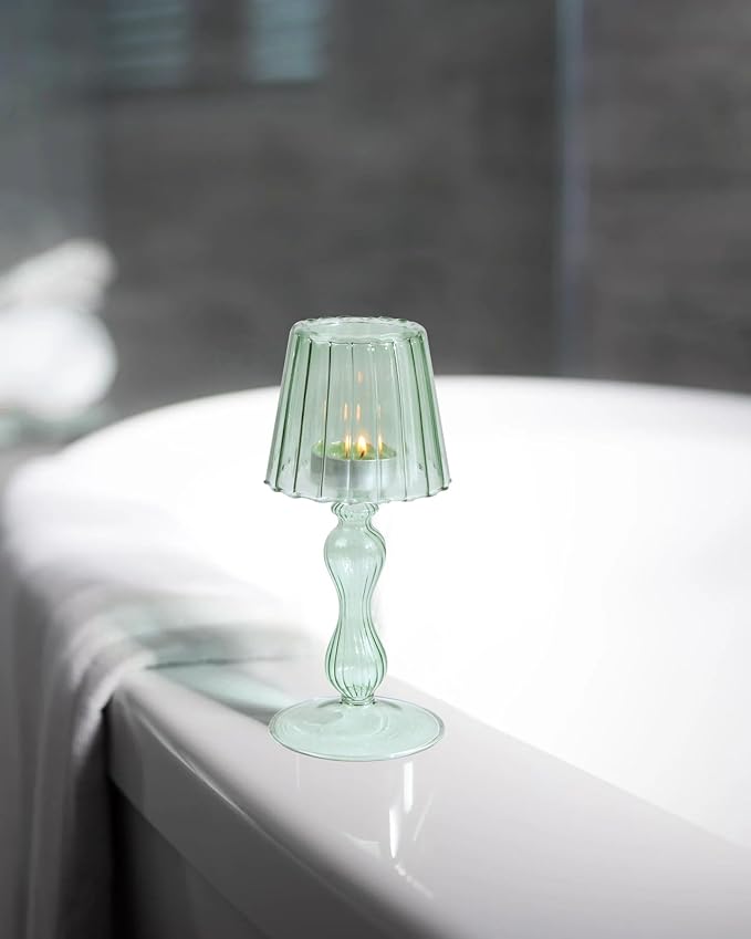 Desk Lamp Shaped Glass Candle Holder - Glass Hurricane Candleholder Crystal Decorative Candle Stand for Table Wedding Dinning Centerpieces Party Supplies Decor DarkGreen
