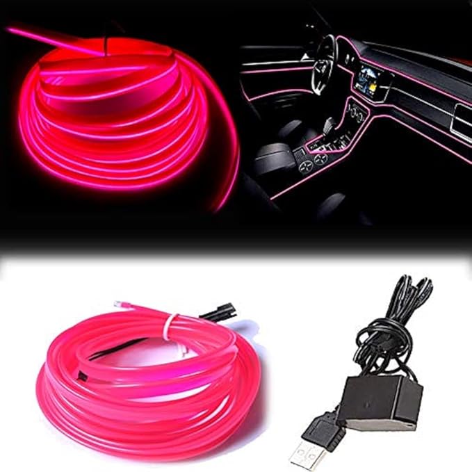El Wire Pink Interior Car LED Strip Lights, 5M Neon Wire USB 5V with Fuse Protection for Automotive Interior Decoration, with 6mm Sewing Edge