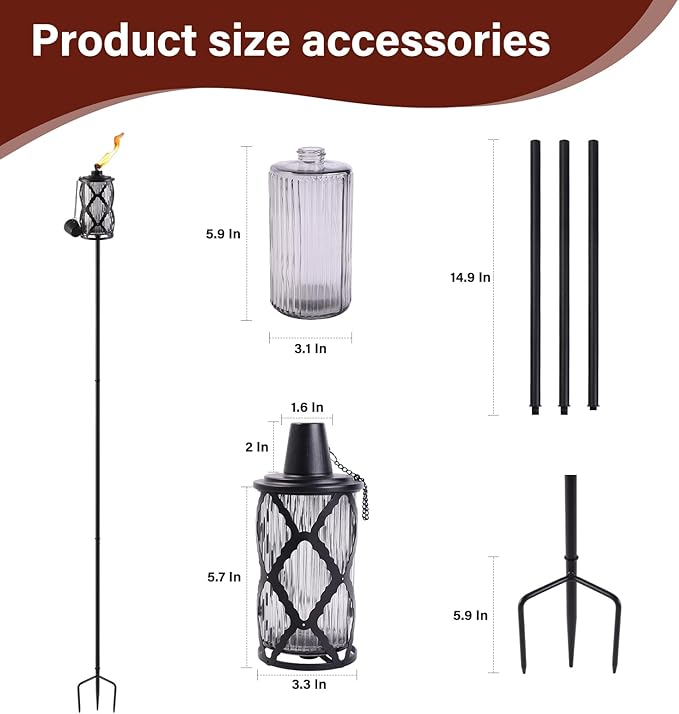 Home Garden Torch Set of 4, Large Capacity 16oz Outdoor Glass Torch Garden Décor,58-Inch Upgraded Citronella Torches with 3-Prong Grounded Stake, Torches for Party Patio Pathway