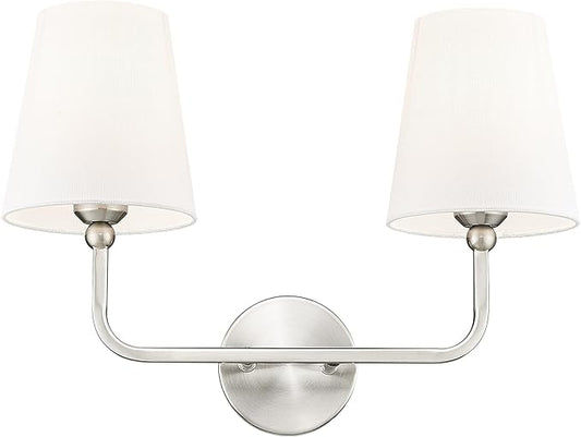 2-Light Bathroom Light Fixtures, Brushed Nickel Vanity Lights, Double Wall Sconce with Flared White Fabric Shade, Modern Sconces Wall Lighting for Hallway Bedroom Stairway, VL837-BN-2