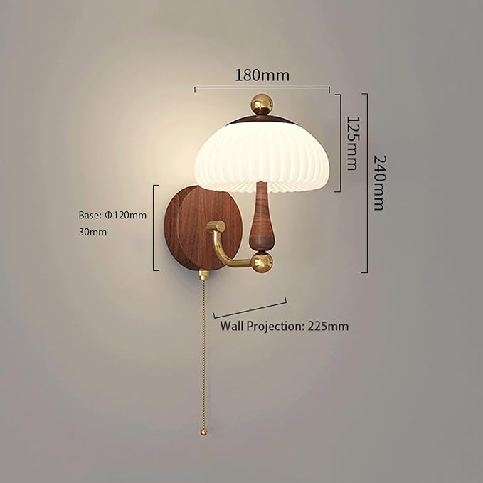 Retro Nordic Unique Creative Design Walnut Wood Grain LED Wall Sconce Mushroom Pleated PE Lampshade Pull Chain for Living Room Bedroom Hotel Bedside Hallway Study Ambient Deco