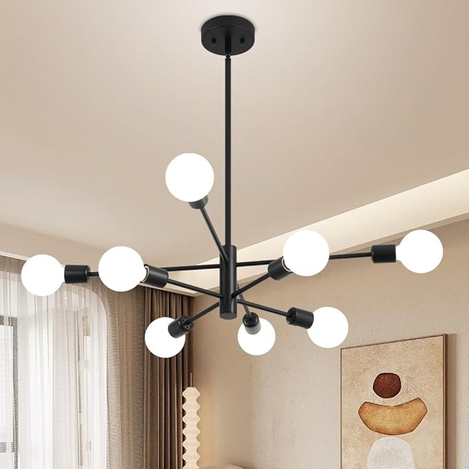 Sputnik Chandelier, Black Modern Industrial Chandeliers 8-Light, Mid Century Ceiling Lighting Fixture for Living Room, Kitchen, Bedroom, Dining Room, Farmhouse