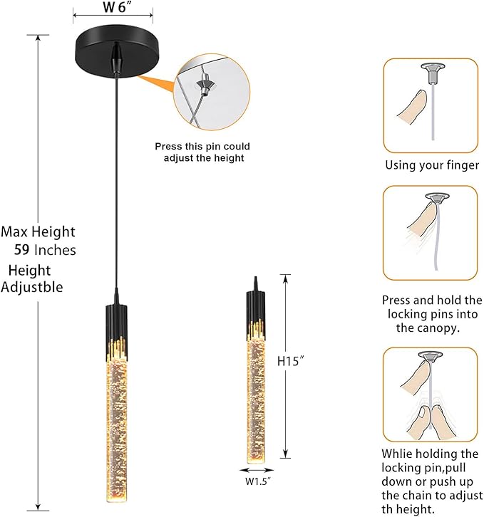 Flashing God Black Pendant Lights Modern LED Kitchen Island Light Crystal Mini Pendant Light with Dimmable LED Bubble Crystal Chandelier for Dining Room, Bedroom, Bar