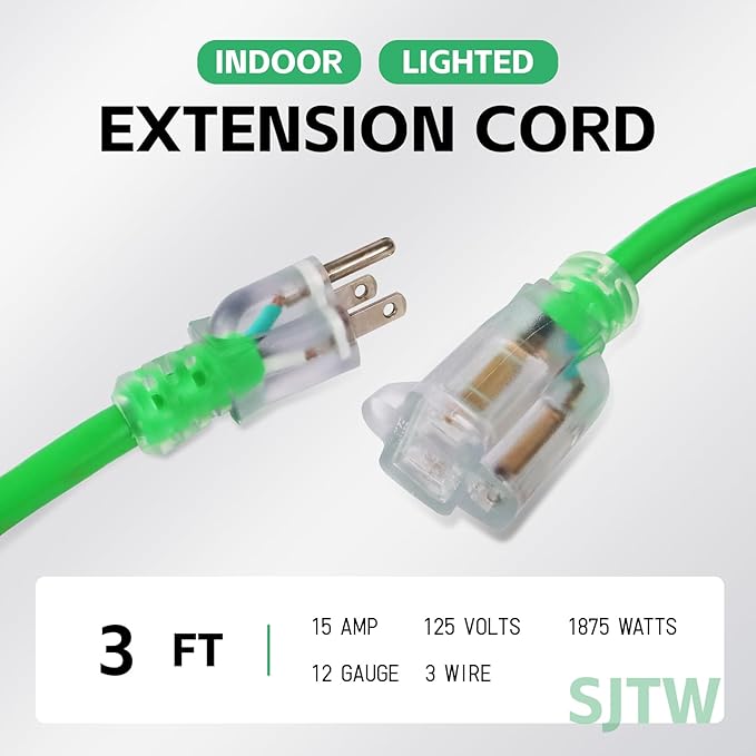 EP 3 Ft Outdoor Extension Cord, 12/3 SJTW Heavy Duty Waterproof Power Cable, 3 Prong Grounded Plug, Lighted End, for Lawn, Garden, Appliances, Green