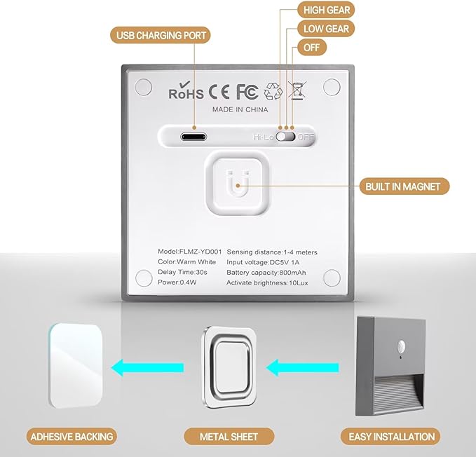 rechargeable battery night light motion sensor light indoor Warm White stair lights night light motion sensor stick on lights, Adjustable Brightness for Wall, Stairs, Cabinet, Hallway (1 Pack)