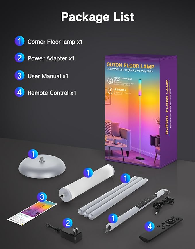 OUTON Corner Floor Lamp with Remote, Touch & App Control, RGB Color Changing Standing Lamp with 32 Modes, 360 Lighting, 3 Color Temperatures, Dimmable 66 in Tall Lamp for Living Room Bedroom,Grey