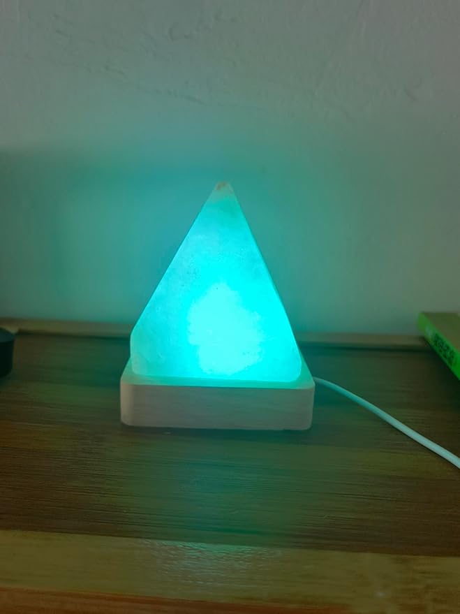USB Rainbow Gradient Himalayan Salt lamp, Solid Wood Base Atmosphere Decoration Pyramids Salt Light with Remote Control, Natural Crystal Stone Bedside Night lamp, Handmade Crafts.
