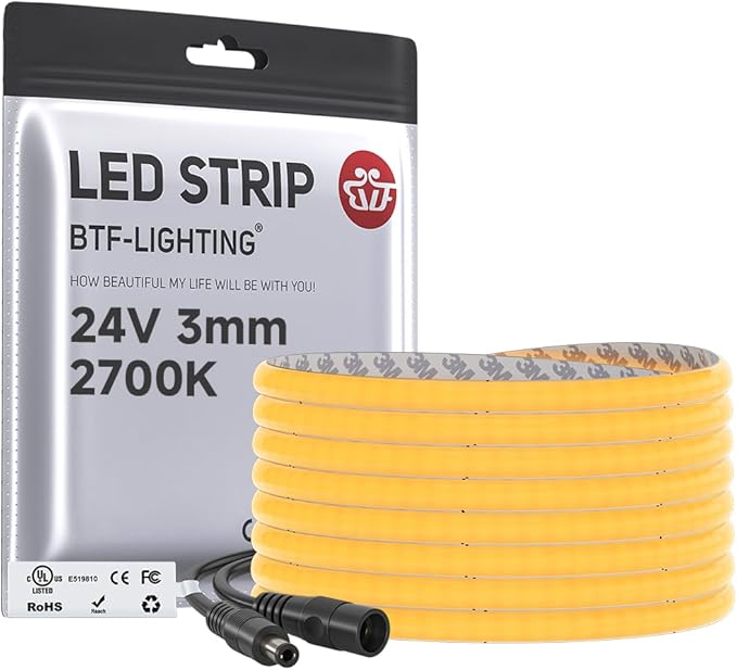 BTF-LIGHTING FCOB COB 3mm Width UL Listed Super Narrow Flexible Uniform LED Strip Light 16.4FT DC24V 2700K CRI 90+ Dimmable LED Ribbon for Kitchen Home Indoor Decor(No Adapter or Controller)
