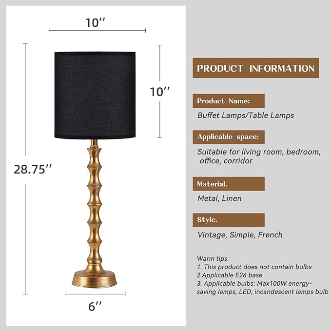 28.75" Gold Table Lamps Set of 2, Gold Buffet Lamps Set of 2 with Black Shade, Rustic Tall Skinny Nightstand Lamp for Bedroom, Living Room, Guest Room Decor