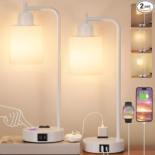Innqoo Industrial White Table Lamps for Bedrooms Set of 2-3-Way Dimmable Desk Lamp with USB C+A Ports and Outlet, White Lamps with Opal Glass Shade for Living Room