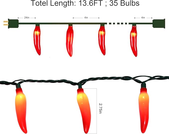 Red Chili Pepper Lights, 13.6Ft Christmas Decorations String Lights with 35 Red Chili Pepper Lights for Mexican Fiesta Indoor Party Kitchen Patio Bedroom Decorations, Green Wire