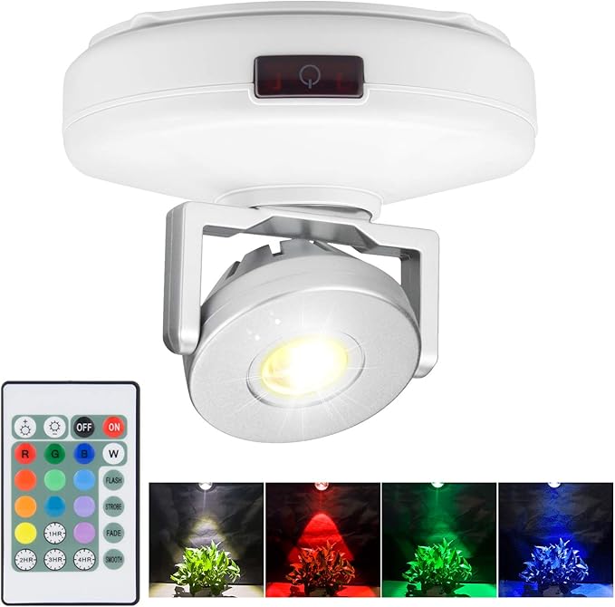 BIGMONAT Battery Operated Spotlight, Wireless LED Accent Lighting for Wall Picture Painting, Color Changing Up Light with Remote and Timer for Artwork Dartboard Plant Tree, Brightness Dimmable