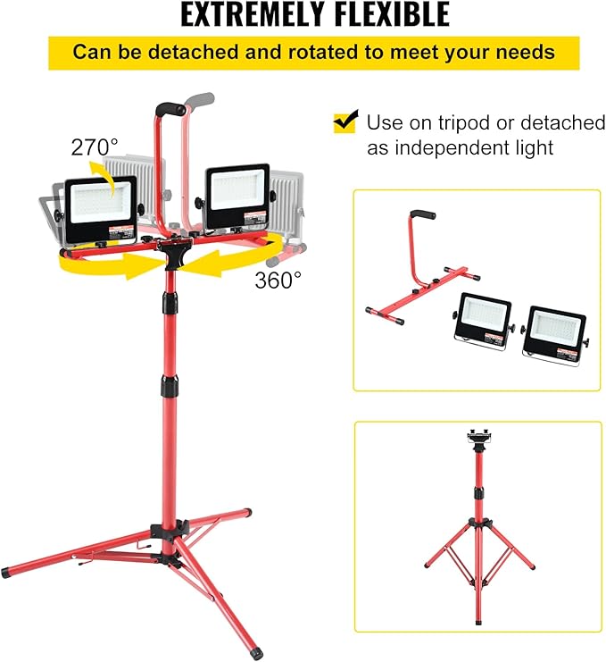 VEVOR LED Work Light with Stand, 10000 Lumen Dual-head LED Work Light with 27.6"-68.1" Adjustable and Foldable Tripod Stand, IP65 Waterproofed LED Tripod Work Light, with 5000 Kelvin Color Temperature