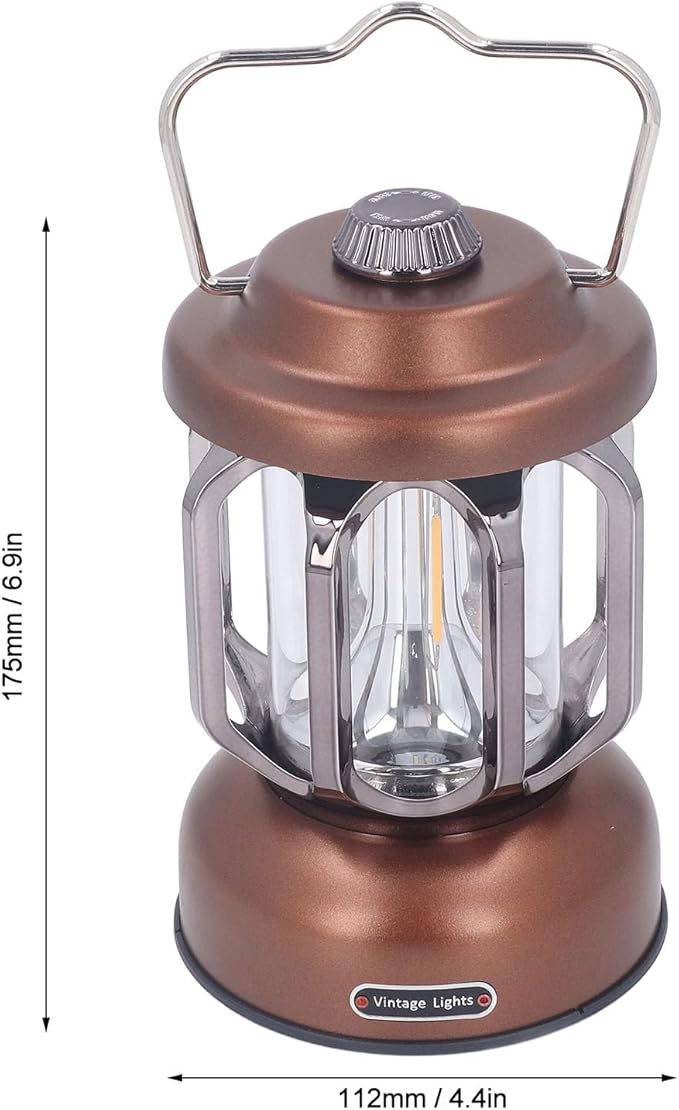 Retro Camping Lantern, Rechargeable LED Tent Lamp with 3 Light Modes, Dimmable Vintage Camping Light with Hook, USB Type C Portable Lantern for Garden Outdoor (Brown)