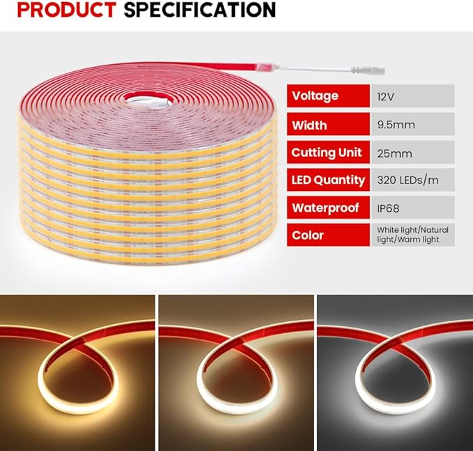KISUFU 12V COB LED Strip Lights 320 LEDs/M IP68 Waterproof Super Bright DC Flexible LED Tape Lights with Power Adapter for for DIY Bedroom Kitchen Home Decor