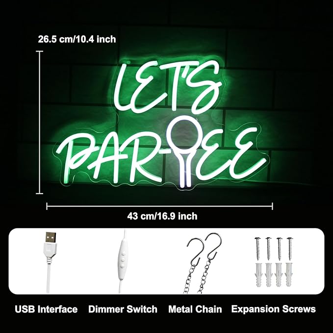 Let's Par Tee Neon Sign Golf Neon Signs for Wall Decor Green White LED Golf Ball Neon Light Dimmable Hanging Wall Sign Neon Lights Signs for Golf Club Bedroom Man Cave Party Decor