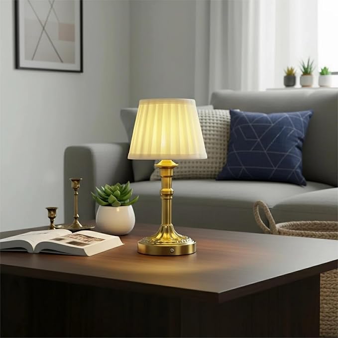 Portables Cordless Table Lamp Set of 2, Fabric Shade Des Lamps,5200mAh Battery Operated,3 Color Stepless Dimming Up,for Restaurant, Bedroom, Camping, Bar, Coffee Shop, (Bronze)