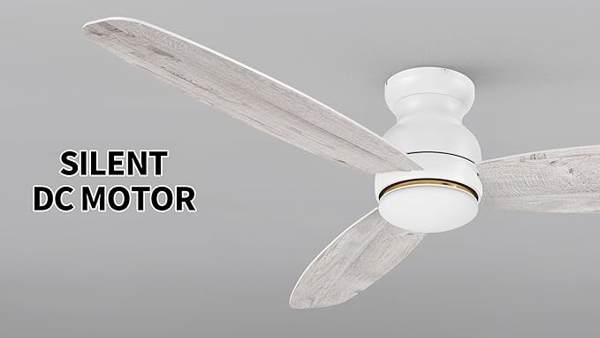 CEME 60 Inches White Ceiling Fan with Light Flush Mount, DC 10 Speeds Silent Ceiling Fan with Remote, 3 Dual Finish Blades, 3 Light Colors Dimmable LED for Living Room, Bedroom