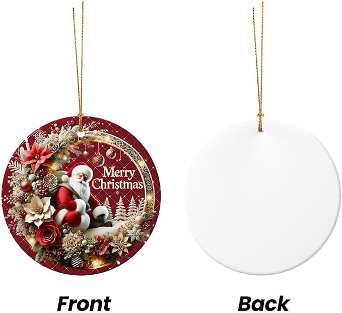Merry Christmas Santa Claus Wreath Christmas Ornaments, Christmas Decorations Xmas Tree Hanging Ornaments, Round Ceramic Festive Keepsake Gift for Xmas Decorations Holiday Home Decor