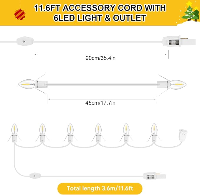 1Pack Accessory Cord with 6LED Bulbs and Outlet Christmas Village Light 11.6FT Blow Mold Light Cord with Spare Fuse Warm White C7 Lamp Christmas Village Accessories for Village Houses Craft Pumpkin
