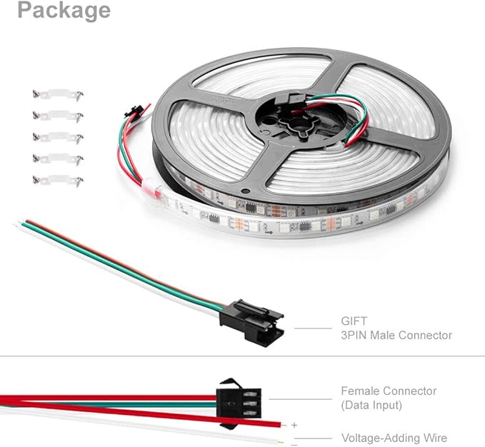 BTF-LIGHTING WS2811 IC=RGB+IC Addressable Dream Color LED Strip 16.4FT 60LEDs/m 20Pixels/m IP67 Waterproof White PCB Flexible DC12V Chasing Effect for Home Indoor Decor(No Adapter or Controller)