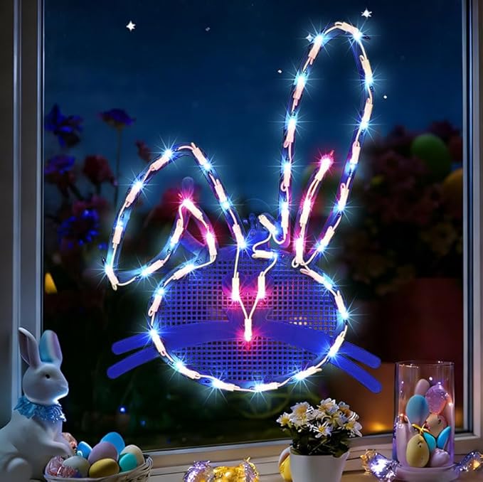17" 40LED Lighted Blue Bunny Easter Decor, Gentle Warm Glow for Mantel, 120V Plug-in, UL Certified, Delicate Gift Box Packed