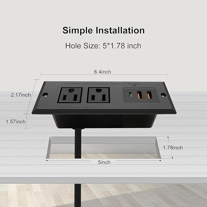 20W Recessed Power Strip USB C Fast Charge Desk Power Outlet Type C Flush Mounted Extension Power Plug for Conference Countertop Desktop Drawer Sofa ETL Listed 10ft Power Cord