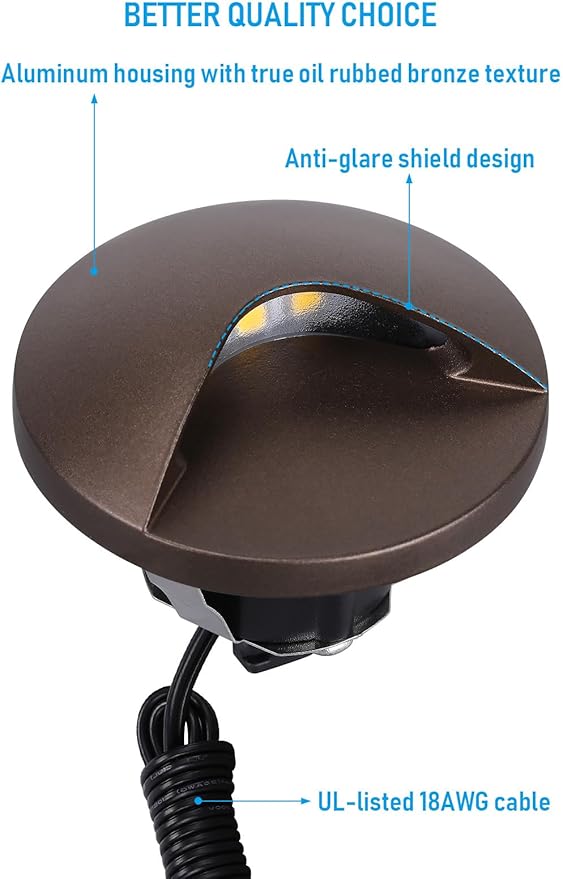 LEONLITE 12-Pack Recessed Low Voltage LED Deck Light Anti-Glare, 12-24V AC/DC Recessed LED Step Riser Light, IP65 Outdoor Step Stair Lights, 3000K Warm White, Aluminum Housing Oil Rubbed Bronze
